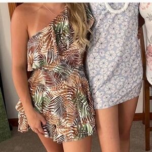 Tropical Leaf Print One Shoulder Kids One Piece